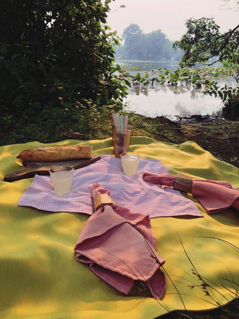 a picnic blanket on the ground next to a body of water