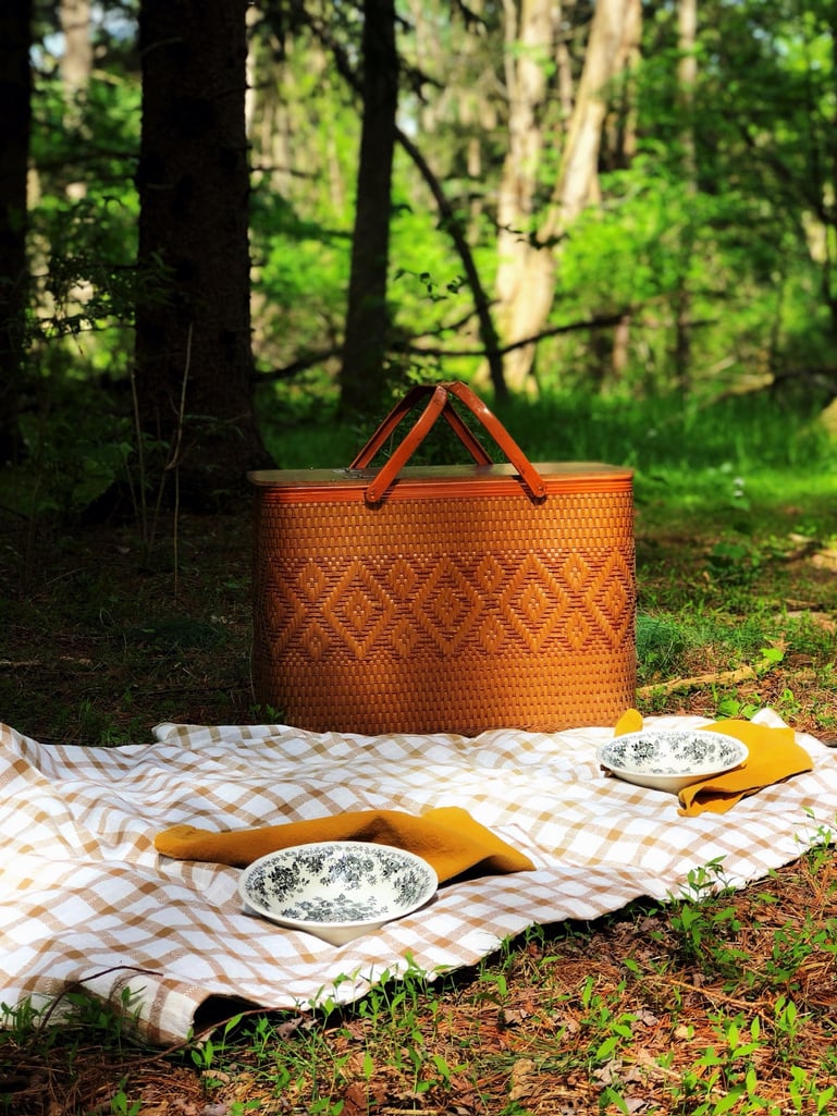 a picnic basket and two plates on a blanket in the woods.